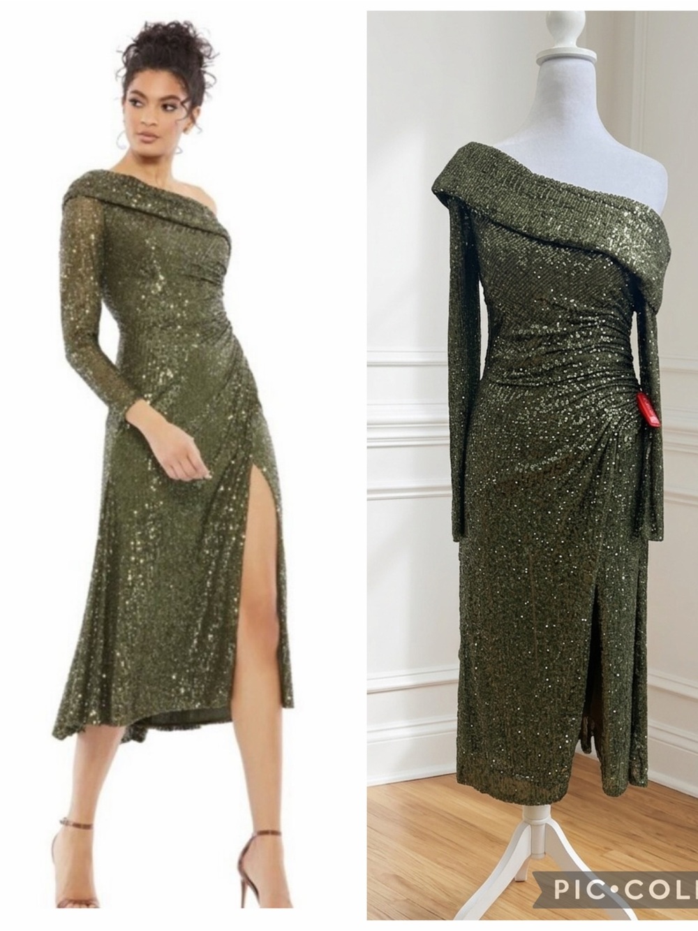 NWT MAC DUGGAL  Olive Green 26551 Sequin long sleeve one-shoulder midi sz 2